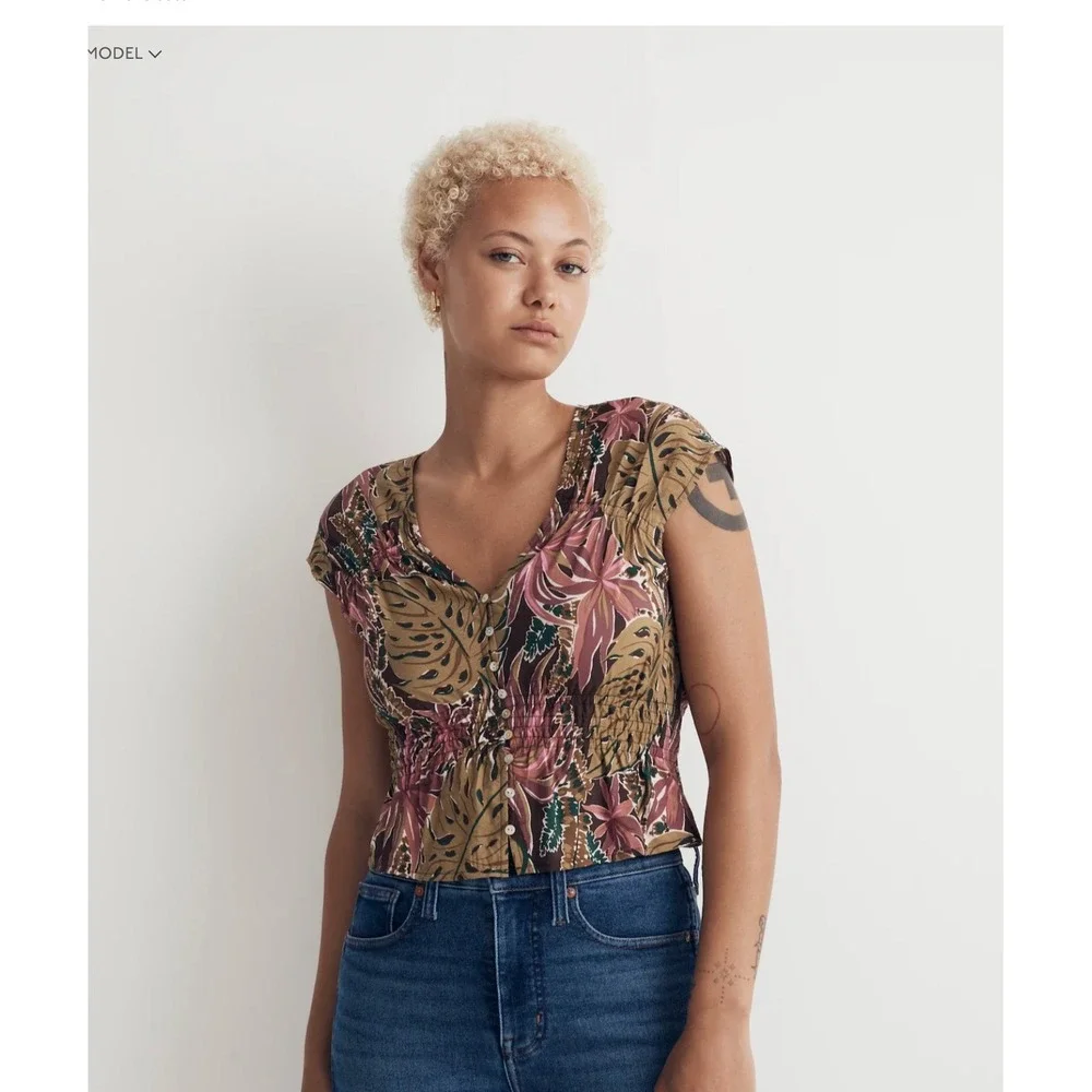 Madewell Tropical Shirred Cap-Sleeve‎ Top in Brushstroke Monstera Top - Size M